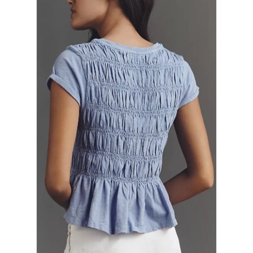 Pilcro Light Blue Smocked Short-Sleeve Peplum Top - Picture 2 of 7